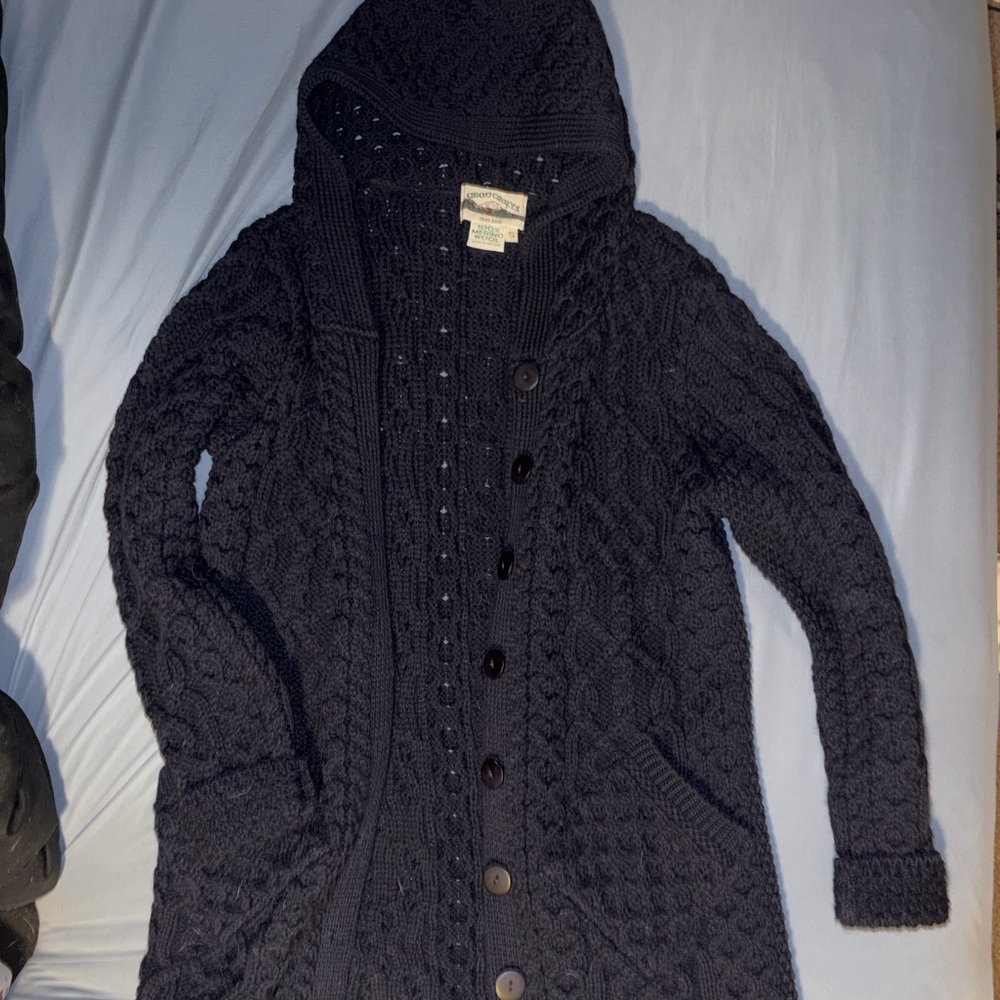 Aran Crafts Dark Blue/navy  Wool Long  Cardigan Sweater w/ Hood